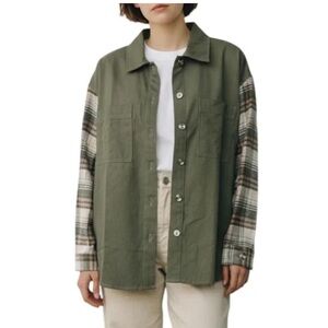 Thread & Supply Women's Button Down Shacket Top Cotton Size S Olive Tan Plaid
